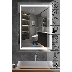 Avend Dokunmatik Akıllı Ayna Bluetoothlu Buhar Tutmayan Hd 3 Renk Ledli Banyo Aynası Dekoratif  Ofis Duvar Lavabo Aynası 80x60