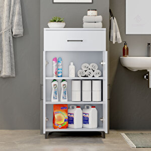 Matex Beyaz Çok Amaçlı Çekmeceli Siyah Dekoratif Kulplu Banyo Dolabı