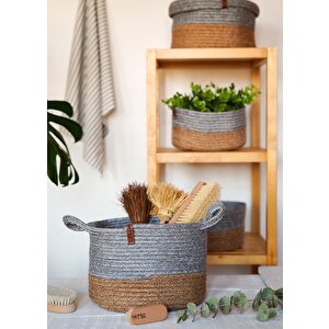 Jutte Kulplu Yuvarlak Sepet Bambu Gri 25x20 Cm