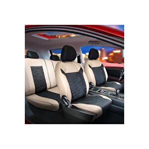 Skoda Octavia Uyumlu Lüx Deri Süet Oto Koltuk Kılıfı Ön Arka Takım Prime Bej Si̇yah Siyah - Bej