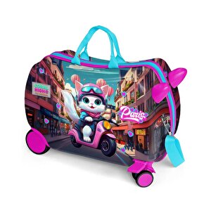 Kids Pembe Motorlu Kedi Desenli Otur Çek Çocuk Valizi 16358