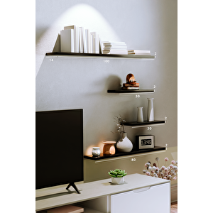 4lü 100 Cm 80 Cm 30 Cm Mat Siyah Mdf Uçan Gizli Bağlantı Dekoratif Duvar Rafı Kitaplık Tv Ünitesi