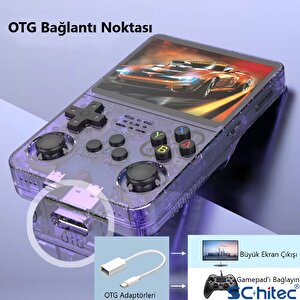 Schitec 3.5 Inç Otg Çıkışlı Taşınabilir Retro Oyun Konsolu 15000+ Oyunlu El Atari Şeffaf Mor R36s