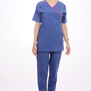 Formteks Kadın Spa  Hemşire Scrubs  Takım   Likralı Terry Cotton İndigo-fuşya Biyeli 3XL