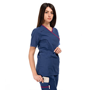 Formteks Kadın Spa  Hemşire Scrubs  Takım   Likralı Terry Cotton İndigo-fuşya Biyeli L