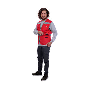 Formteks İşçi Çok Cepli Reflektörlü  Alet Yeleği Kırmızı / Gri S