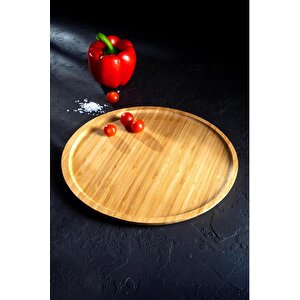 Lüx Yuvarlak Servis Tepsi 30 * 30cm, Ahşap Sunumluk & Çerezlik Yuvarlak Sunum Tabağı