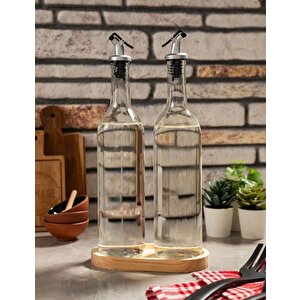 2'li Ahşap Stantlı Damlatmaz Zeytinyağı Sıvıyağ Şişesi Cam Yağdanlık Seti 750ml