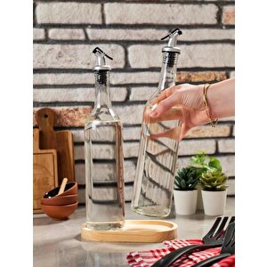 2'li Ahşap Stantlı Damlatmaz Zeytinyağı Sıvıyağ Şişesi Cam Yağdanlık Seti 750ml