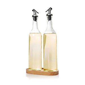 2'li Ahşap Stantlı Damlatmaz Zeytinyağı Sıvıyağ Şişesi Cam Yağdanlık Seti 750ml