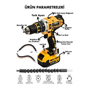 18v Metal Şanzıman Çift Akülü Şarjlı Darbeli Matkap Sarı