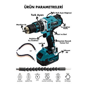 18v Metal Şanzıman Çift Akülü Şarjlı Darbeli Matkap