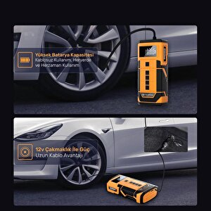 Npo A5577 Kablolu/kablosuz 8000mah Şarjlı Taşınabilir Araç Akü Takviyeli, Powerbank Destekli Reflektör Ledli 5in1 Oto Hava Pompası