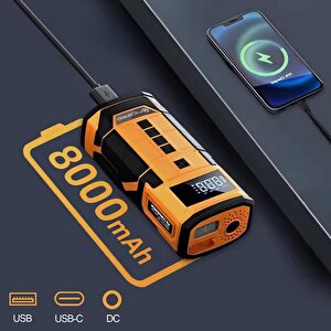 Npo A5577 Kablolu/kablosuz 8000mah Şarjlı Taşınabilir Araç Akü Takviyeli, Powerbank Destekli Reflektör Ledli 5in1 Oto Hava Pompası
