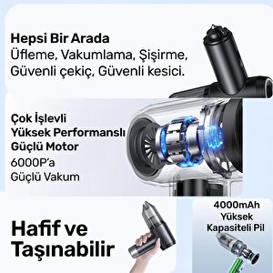 Usams Zb291 6in1 Üfleme Şişirme Güvenlik Kırıcı/kesici Özellikli Taşınablir Araç Ve El Süpürgesi