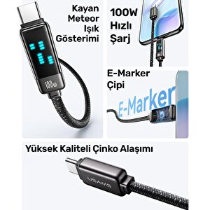 Usams Us-sj744 Type-c To Type-c 100w Meteor Efekt Ekranlı 1.2m Hızlı Şarj Ve Data Kablosu Antrasit
