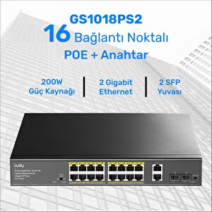 Gs1018ps2 16port 10/100mbps Gigabit Poe 2port Gigabit 200w Metal Masaüstü Switch