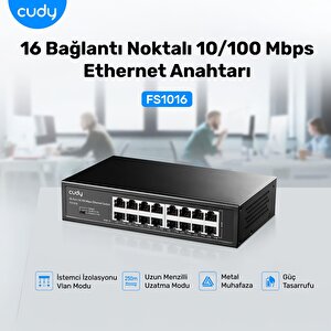Fs1016 16port 10/100mbps 1,6 Gb/sn Metal Kasa Rackmount Masaüstü Switch