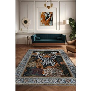 Nuh'un Gemisi Koleksiyonu Kaplan, Çiçek Desenli Art Deco Tarzı Vintage Halı,çok Renkli Maksimalist Halı 120x180 cm
