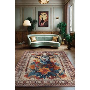 Nuh'un Gemisi Koleksiyonu Keçi Çiçek Desenli Temalı Vintage Renkli Maksimalist Halı 100x150 cm