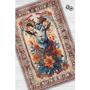 Nuh'un Gemisi Koleksiyonu Keçi Çiçek Desenli Temalı Vintage Renkli Maksimalist Halı 100x150 cm