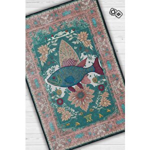 Nuh'un Gemisi Koleksiyonu Balık, Çiçek Desenli Art Deco Tarzı Vintage Halı,çok Renkli Maksimalist Halı 120x180 cm
