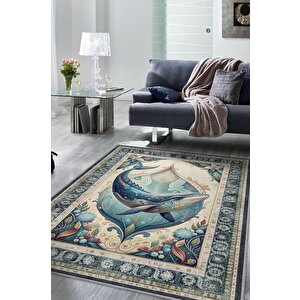 Nuh'un Gemisi Koleksiyonu Balina Çiçek Temalı Vintage Renkli Maksimalist Halı 100x150 cm
