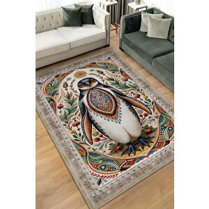 Nuh'un Gemisi Koleksiyonu Penguen Çiçek Temalı Vintage Renkli Maksimalist Halı 200x300 cm