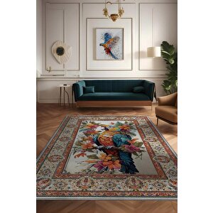 Homshtag Nuh'un Gemisi Koleksiyonu Papağan, Çiçek Desenli Art Deco Tarzı Vintage Halı,çok Renkli Maksimalist Halı