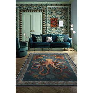 Nuh'un Gemisi Koleksiyonu Ahtapot Çiçek Desenli Temalı Vintage Renkli Maksimalist Halı 160x240 cm