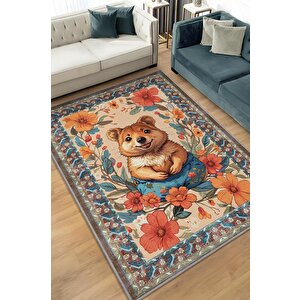 Nuh'un Gemisi Koleksiyonu Quakka Dünyanın En Mutlu Hayvanı Çiçek Vintage Renkli Halı 100x150 cm
