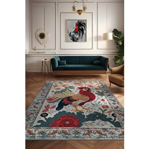 Nuh'un Gemisi Koleksiyonu Horoz, Çiçek Desenli Art Deco Tarzı Vintage Halı,çok Renkli Maksimalist Halı 100x150 cm