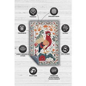 Homshtag Nuh'un Gemisi Koleksiyonu Horoz, Çiçek Desenli Art Deco Tarzı Vintage Halı,çok Renkli Maksimalist Halı