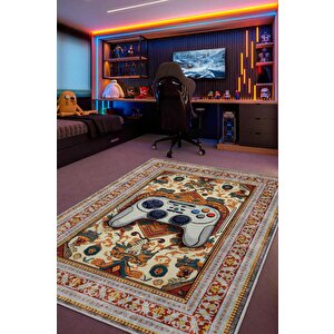 Art Deko Gamer Halısı,renkli Gamer Halısı,gamepad Figürlü Joystick Geleneksel Oyuncu Halısı 200x300 cm