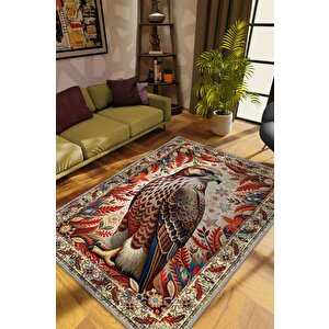 Nuh'un Gemisi Koleksiyonu Kızıl Boynuzlu Şahin Çiçek Temalı Vintage Renkli Maksimalist Halı 80x120 cm