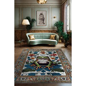 Nuh'un Gemisi Koleksiyonu Kurbağa, Çiçek Desenli Art Deco Tarzı Vintage Halı,çok Renkli Maksimalist Halı 100x150 cm