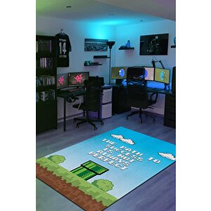 The Path Çok Renkli Oyuncu Halısı Mavi Renk Gamer Temalı Halı Super Mario Sever Hediye Halı 120x180 cm