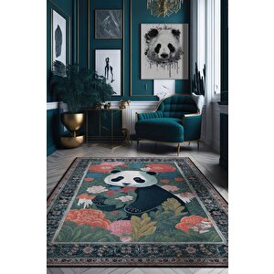 Homshtag Nuh'un Gemisi Koleksiyonu Panda, Çiçek Desenli Art Deco Tarzı Vintage Halı,çok Renkli Maksimalist Halı