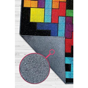 Seni Seviyorum Çok Renkli Oyuncu Halısı Zemini Siyah Renk Gamer Temalı Halı Tetris Halısı 120x180 cm
