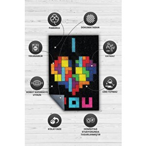 Homshtag Seni Seviyorum Çok Renkli Oyuncu Halısı Zemini Siyah Renk Gamer Temalı Halı Tetris Halısı