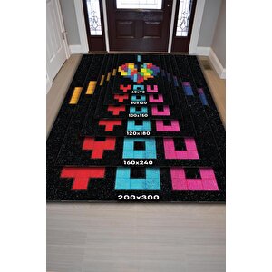 Homshtag Seni Seviyorum Çok Renkli Oyuncu Halısı Zemini Siyah Renk Gamer Temalı Halı Tetris Halısı