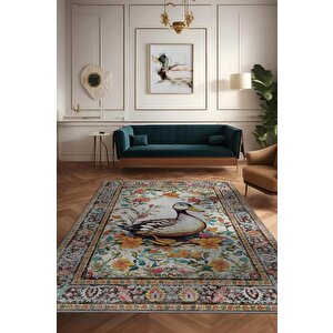 Nuh'un Gemisi Koleksiyonu Ördek, Çiçek Desenli Art Deco Tarzı Vintage Halı,çok Renkli Maksimalist Halı 160x240 cm