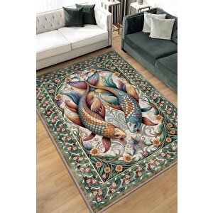 Nuh'un Gemisi Koleksiyonu Japon Balığı Temalı Çiçekli Soft Renkli Bordürlü Konsept Halı 100x150 cm