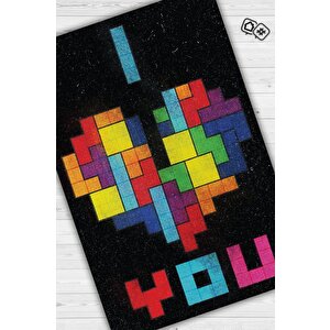 Seni Seviyorum Çok Renkli Oyuncu Halısı Zemini Siyah Renk Gamer Temalı Halı Tetris Halısı 80x120 cm