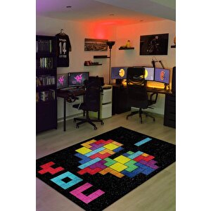 Seni Seviyorum Çok Renkli Oyuncu Halısı Zemini Siyah Renk Gamer Temalı Halı Tetris Halısı 100x150 cm