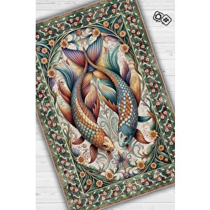 Nuh'un Gemisi Koleksiyonu Japon Balığı Temalı Çiçekli Soft Renkli Bordürlü Konsept Halı 120x180 cm
