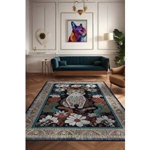 Nuh'un Gemisi Koleksiyonu Kedi, Çiçek Desenli Art Deco Tarzı Vintage Halı,çok Renkli Maksimalist Halı 120x180 cm