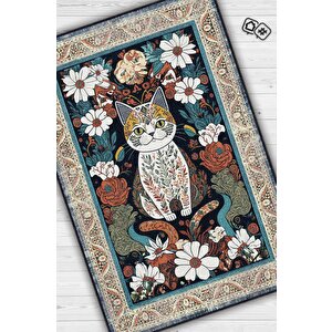 Nuh'un Gemisi Koleksiyonu Kedi, Çiçek Desenli Art Deco Tarzı Vintage Halı,çok Renkli Maksimalist Halı 120x180 cm