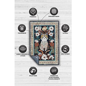 Homshtag Nuh'un Gemisi Koleksiyonu Kedi, Çiçek Desenli Art Deco Tarzı Vintage Halı,çok Renkli Maksimalist Halı