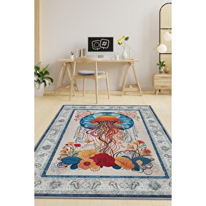 Nuh'un Gemisi Koleksiyonu Deniz Anası Çiçek Desenli Temalı Vintage Renkli Maksimalist Halı 120x180 cm